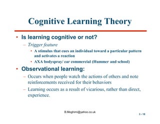 Cognitive Learning Theory
• Is learning cognitive or not?
– Trigger feature
• A stimulus that cues an individual toward a particular pattern
and activates a reaction
• AXA bodyspray/ car commercial (Hummer and school)

• Observational learning:
– Occurs when people watch the actions of others and note
reinforcements received for their behaviors
– Learning occurs as a result of vicarious, rather than direct,
experience.

B.Moghimi@yahoo.co.uk

3 - 18

 