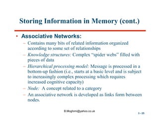 Storing Information in Memory (cont.)
• Associative Networks:
– Contains many bits of related information organized
according to some set of relationships
– Knowledge structures: Complex “spider webs” filled with
pieces of data
– Hierarchical processing model: Message is processed in a
bottom-up fashion (i.e., starts at a basic level and is subject
to increasingly complex processing which requires
increased cognitive capacity)
– Node: A concept related to a category
– An associative network is developed as links form between
nodes.
B.Moghimi@yahoo.co.uk

3 - 25

 