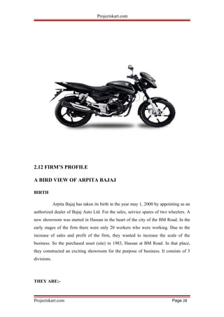 Projectskart.com
2.12 FIRM’S PROFILE
A BIRD VIEW OF ARPITA BAJAJ
BIRTH
Arpita Bajaj has taken its birth in the year may 1, 2000 by appointing as an
authorized dealer of Bajaj Auto Ltd. For the sales, service spares of two wheelers. A
new showroom was started in Hassan in the heart of the city of the BM Road. In the
early stages of the firm there were only 20 workers who were working. Due to the
increase of sales and profit of the firm, they wanted to increase the scale of the
business. So the purchased asset (site) in 1983, Hassan at BM Road. In that place,
they constructed an exciting showroom for the purpose of business. It consists of 3
divisions.
THEY ARE:-
Projectskart.com Page 28
 