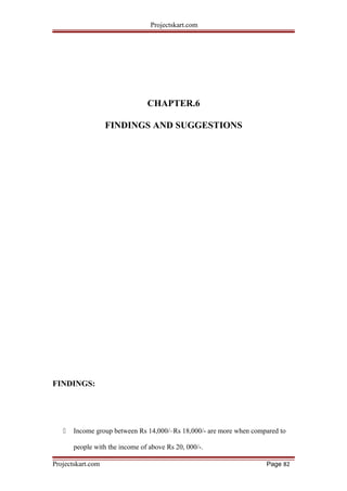 Projectskart.com
CHAPTER.6
FINDINGS AND SUGGESTIONS
FINDINGS:
 Income group between Rs 14,000/–Rs 18,000/- are more when compared to
people with the income of above Rs 20, 000/-.
Projectskart.com Page 82
 