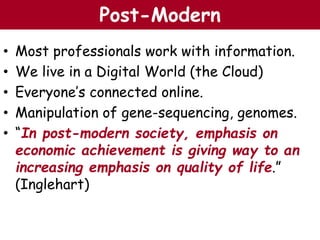 • Most professionals work with information.
• We live in a Digital World (the Cloud)
• Everyone’s connected online.
• Manipulation of gene-sequencing, genomes.
• “In post-modern society, emphasis on
economic achievement is giving way to an
increasing emphasis on quality of life.”
(Inglehart)
The Chazin GroupThe Chazin GroupPost-Modern
 