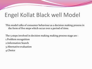 Engel Kollat Black well Model
This model talks of consumer behaviour as a decision making process in
the form of five steps which occur over a period of time.
The 5 steps involved in decision making making process stage are :
1.Problem recognition
2.Information Search
3.Alternative evaluation
4.Choice

 