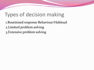 Types of decision making
1.Routinised response Behaviour/Habitual
2.Limited problem solving
3.Extensive problem solving

 