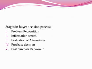 Stages in buyer decision process
I.
II.

III.
IV.
V.

Problem Recognition
Information search
Evaluation of Alternatives
Purchase decision
Post purchase Behaviour

 