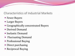 Characteristics of Industrial Markets
 Fewer Buyers
 Larger Buyers
 Geographically concentrated Buyers
 Derived Demand

 Inelastic Demand
 Fluctuating Demand
 Professional Buying

 Direct purchasing
 Reciprocal Buying

 