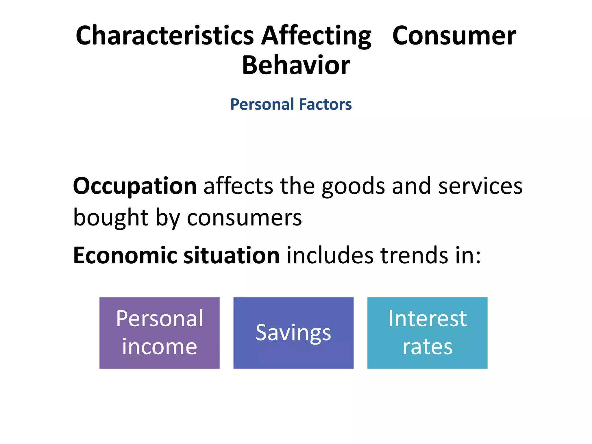 Characteristics Affecting Consumer
Behavior
Occupation affects the goods and services
bought by consumers
Economic situation includes trends in:
Personal Factors
Personal
income
Savings
Interest
rates
 