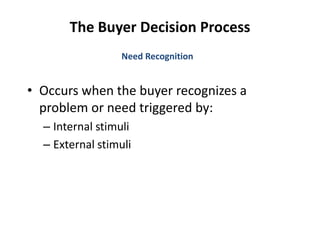 The Buyer Decision Process
• Occurs when the buyer recognizes a
problem or need triggered by:
– Internal stimuli
– External stimuli
Need Recognition
 