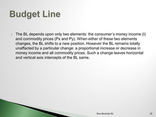 The BL depends upon only two elements: the consumer’s money income (I) and commodity prices (Px and Py). When either of these two elements changes, the BL shifts to a new position. However the BL remains totally unaffacted by a particular change: a proportional increase or decrease in money income and all commodity prices. Such a change leaves horizontal and vertical axis intercepts of the BL same. 
22 
Ravi Muchhal (R) 