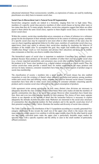 117
117 www.mynotebook.in
educational attainment These socioeconomic variables, as expressions of status, are used by marketing
practitioners on a daily basis to measure social class
Social Class Is Hierarchical And A Natural Form Of Segmentation
Social-class categories usually are ranked in a hierarchy, ranging from low to high status Thus,
members of a specific social class perceive members of other social classes as having either more or
less status than they do To many people, therefore, social-class categories suggest that others are either
equal to them (about the same social class), superior to them (higher social class), or inferior to them
(lower social class)
Within this context, social-class membership serves consumers as a frame of reference (or a reference
group) for the development of their attitudes and behavior In the context of reference groups, members
of a specific social class may be expected to turn most often to other members of the same class for
cues (or clues) regarding appropriate behavior In other cases, members of a particular social class (e.g.
upper-lower class) may aspire to advance their social-class standing by emulating the behavior of
members of the middle class To accomplish this goal, they might read middle-class magazines, do
"middle-class things" (such as visit museums and advance their education) and hang out at middle-
class restaurants so that they can observe middle-class behavior
The hierarchical aspect of social class is important to marketers Consumers may purchase certain
products because these products are favored by members of either their own or a higher social class
(e.g. a luxury imported automobile), and consumers may avoid other products because they perceive
the products to be "lower class' products (e.g. a digital readout wristwatch as a dress watch) Thus, the
various social-class strata provide a natural basis for market segmentation for many products and
services In many instances, consumer researchers have been able to relate aspects of product usage to
social class membership
The classification of society s members into a small number of social classes has also enabled
researchers to note the existence of shared values attitudes, and behavioral patterns among members
within each social class and differing values, attitudes and behavior between social classes Consumer
researchers have been able to relate social class standing to consumer attitudes concerning specific
products and to examine social class influences on the actual consumption of products
Little agreement exists among sociologists on how many distinct class divisions are necessary to
adequately describe the class structure of the United States Most early studies divided the members of
specific communities into five or six social class groups However other researchers have found nine
four, three and even two-class schemes suitable for their purposes The choice of how many separate
classes to use depends on the amount of detail that the researcher believes is necessary to explain
adequately the attitudes or behavior under study Marketers are interested in the social class structures
of communities that are potential markets for their products and in the specific social-class level of
their potential customers Table 1 below illustrates the number and diversity of social class schemes
The Table 2 below shows the distribution of the U S population according to a recently generated five-
category subdivision It also reveals the small size of the upper class which is the reason why most
mass marketers simply ignore it (or combine it with the upper middle class) On the other hand its small
size and highly cultivated tastes make the upper class a particularly desirable target market for
specialty firms with a specific expertise and the ability to cater to the small number of particularly
affluent consumers
 