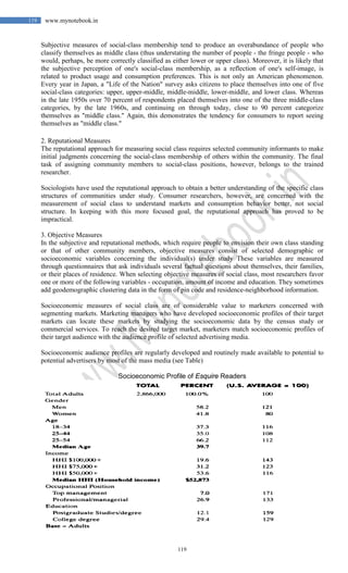 119
119 www.mynotebook.in
Subjective measures of social-class membership tend to produce an overabundance of people who
classify themselves as middle class (thus understating the number of people - the fringe people - who
would, perhaps, be more correctly classified as either lower or upper class). Moreover, it is likely that
the subjective perception of one's social-class membership, as a reflection of one's self-image, is
related to product usage and consumption preferences. This is not only an American phenomenon.
Every year in Japan, a "Life of the Nation" survey asks citizens to place themselves into one of five
social-class categories: upper, upper-middle, middle-middle, lower-middle, and lower class. Whereas
in the late 1950s over 70 percent of respondents placed themselves into one of the three middle-class
categories, by the late 1960s, and continuing on through today, close to 90 percent categorize
themselves as "middle class." Again, this demonstrates the tendency for consumers to report seeing
themselves as "middle class."
2. Reputational Measures
The reputational approach for measuring social class requires selected community informants to make
initial judgments concerning the social-class membership of others within the community. The final
task of assigning community members to social-class positions, however, belongs to the trained
researcher.
Sociologists have used the reputational approach to obtain a better understanding of the specific class
structures of communities under study. Consumer researchers, however, are concerned with the
measurement of social class to understand markets and consumption behavior better, not social
structure. In keeping with this more focused goal, the reputational approach has proved to be
impractical.
3. Objective Measures
In the subjective and reputational methods, which require people to envision their own class standing
or that of other community members, objective measures consist of selected demographic or
socioeconomic variables concerning the individual(s) under study These variables are measured
through questionnaires that ask individuals several factual questions about themselves, their families,
or their places of residence. When selecting objective measures of social class, most researchers favor
one or more of the following variables - occupation, amount of income and education. They sometimes
add geodemographic clustering data in the form of pin code and residence-neighborhood information.
Socioeconomic measures of social class are of considerable value to marketers concerned with
segmenting markets. Marketing managers who have developed socioeconomic profiles of their target
markets can locate these markets by studying the socioeconomic data by the census study or
commercial services. To reach the desired target market, marketers match socioeconomic profiles of
their target audience with the audience profile of selected advertising media.
Socioeconomic audience profiles are regularly developed and routinely made available to potential to
potential advertisers by most of the mass media (see Table)
Socioeconomic Profile of Esquire Readers
 