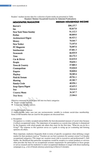120
120 www.mynotebook.in
Readers’ median income data for a selection of print media are presented in Table.
Readers' Median Household Income for Selected Publications
Objective measures of social class fall into two basic categories
 Single-variable indexes
 Composite-variable indexes.
(1) Single-Variable Indexes
A single-variable index uses just one socioeconomic variable to evaluate social-class membership.
Some of the variables that are used for this purpose are discussed here.
a. Occupation
Occupation is a widely accepted and probably the best-documented measure of social class because
it reflects occupational status. The importance of occupation as a social-class indicator is dramatized
by the frequency with which people ask others they meet for the first time, "What do you do for a
living?" The response to this question serves as a guide in sizing up (or evaluating and forming
opinions of) others.
More important, marketers frequently think in terms of specific occupations when defining a target
market for their products (such as "Teachers are our best customers for summer cruises") or broader
occupational categories ("We target our vacation resort club to executives and professionals"). Still
further, the likelihood that particular occupations would be receptive to certain products or services
often provides the basis for an occupational screener requirement for participation in focus groups
or survey research and for marketers to select occupational databases to target with direct-marketing
campaigns (e.g., a list of female attorneys practicing in Denver Colorado).
 
