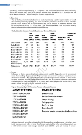122
122 www.mynotebook.in
Specifically, certain occupations (e.g., U.S. Supreme Court justices and physicians) were consistently
ranked high over the many years of the research, whereas other occupations (e.g., farmhands and taxi
drivers) were consistently ranked low during the same period of time.
b. Education
The level of a person's formal education is another commonly accepted approximation of social-
class standing. Generally speaking, the more education a person has, the more likely it is that the
person is well paid (or has a higher income) and has an admired or respected position (high
occupational status). Using U.S. census data, Table below supports the close relationship between
educational attainment and amount of household income.
The Relationship Between Formal Education and Household Income
c. Income
Individual or family income is another socioeconomic variable frequently used to approximate
social-class standing. Researchers who favor income as a measure of social class use either amount
or source of income. Table below illustrates the types of categories used for each of these income
variables. Available research suggests that income works best in accounting for leisure consumption
when measured in terms of ("engaging in" or "doing or not doing") a particular leisure activity (such
as snow skiing, bowling, or playing basketball or golf).
Typical Categories Used for Assessing Amount or Source of Income
Although income is a popular estimate of social-class standing, not all consumer researchers agree
that it is an appropriate index of social class Some argue that a blue-collar automobile mechanic and
a white-collar assistant bank manager may both earn $53,000 a year, yet because of (or as a
 