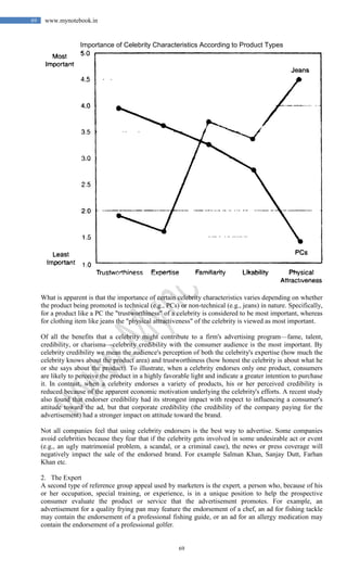 69
69 www.mynotebook.in
Importance of Celebrity Characteristics According to Product Types
What is apparent is that the importance of certain celebrity characteristics varies depending on whether
the product being promoted is technical (e.g., PCs) or non-technical (e.g., jeans) in nature. Specifically,
for a product like a PC the "trustworthiness" of a celebrity is considered to be most important, whereas
for clothing item like jeans the "physical attractiveness" of the celebrity is viewed as most important.
Of all the benefits that a celebrity might contribute to a firm's advertising program—fame, talent,
credibility, or charisma—celebrity credibility with the consumer audience is the most important. By
celebrity credibility we mean the audience's perception of both the celebrity's expertise (how much the
celebrity knows about the product area) and trustworthiness (how honest the celebrity is about what he
or she says about the product). To illustrate, when a celebrity endorses only one product, consumers
are likely to perceive the product in a highly favorable light and indicate a greater intention to purchase
it. In contrast, when a celebrity endorses a variety of products, his or her perceived credibility is
reduced because of the apparent economic motivation underlying the celebrity's efforts. A recent study
also found that endorser credibility had its strongest impact with respect to influencing a consumer's
attitude toward the ad, but that corporate credibility (the credibility of the company paying for the
advertisement) had a stronger impact on attitude toward the brand.
Not all companies feel that using celebrity endorsers is the best way to advertise. Some companies
avoid celebrities because they fear that if the celebrity gets involved in some undesirable act or event
(e.g., an ugly matrimonial problem, a scandal, or a criminal case), the news or press coverage will
negatively impact the sale of the endorsed brand. For example Salman Khan, Sanjay Dutt, Farhan
Khan etc.
2. The Expert
A second type of reference group appeal used by marketers is the expert, a person who, because of his
or her occupation, special training, or experience, is in a unique position to help the prospective
consumer evaluate the product or service that the advertisement promotes. For example, an
advertisement for a quality frying pan may feature the endorsement of a chef, an ad for fishing tackle
may contain the endorsement of a professional fishing guide, or an ad for an allergy medication may
contain the endorsement of a professional golfer.
 