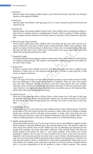 71
71 www.mynotebook.in
3. Full Nest I
Married couple with youngest children under 6 years. During this family cycle there are increased
expenses in the upkeep of children.
4. Full Nest II
Married couple with children in the age group of 6 to 12 years; during this period both income and
expenses go up.
5. Full Nest III
Married couple with teenage children living at home. Those children who are studying in colleges in
other towns or working cannot be considered part of family, which is contrary to Indian situation.
Some teenagers abroad contribute to the family income or meet part of their expenses by part time
jobs
6. Married Couple without children
Those married couples that remain childless fall in this group and they have entire income to be
spent on themselves. But many of them remain worried and make efforts to have an issue. They
spend lot of money for their treatment. In India many of them also visit religious places in the hope
that god will bless them with a child. Some of the people in this group adopt child when other
efforts fail to be blessed with their own child.
7. Unmarried Couples
It includes both heterosexual and gay couples normally both of them earn but have no child and they
live together without marriage. This concept is not acceptable in Indian society and such couples are
not at all visible in India.
8. Empty Nest I
It relates to parents whose children do not live with them and couple has none to support except
themselves. Usually they are still employed and their level of income is quite high due to long
service or progress in business.
9. Empty Nest II
This is the stage of life when one retires from service or profession and normally income level falls.
But some percentage of these people get themselves re-employed. There are cases where people
earn more after retirement. In India in last few years many young persons have got voluntary
retirement. Some of them get re-employed; their pension and salary is often more than their earlier
salary. But this is the stage where generally children have not settled, some are still studying. Many
persons fall in this group by choice but not by age.
10. Solitary Survivor
When one of the spouse dies due to old age, illness or other reason; one is left alone. In this stage
one generally has lower income and needs greater medical care, the person normally lives alone in
the west but in India in the old aged parents live with their son's and it is their duty to look after
them.
;
11. Young Single Parents
Parents under age of 35 years with one or more children at home. Many of them remarry. With 50%
divorce rate in USA this is big class there but exception in India where most of females in Hindus
decide not to remarry; and live with their in laws, parents, or singly. Some of the girls who were
earlier only house wife take to jobs for livelihood for themselves and minor children. Most of such
widows in India generally are at the mercy of others and have no or little discretionary income.
12. Middle Aged Single Parents
This group includes persons over 35 years of age who have one or more children to support. In India
family structure is somewhat different and so the consumer behavior also. The families in India are
more closely knit; parents come for their children not only for upbringing and education but also
arrange their marriages and ensure their proper settlement. After marriage female child does not
remain member of the family but males i.e. sons remain members of the family even if their
household is separate. The son may be living in another town or house in the same town but he
frequently visits his parents and does not return only in case of distress. Similarly parents care not
only for sons but also grand children and spend on their education and marriages etc. Similarly sons
look after their parents, which is considered one of their prime responsibilities. Many times two or
more brothers live together in the same house especially in rural areas and less educated families
and it is the joint responsibility of all the members to share in family expenses. This concept
 