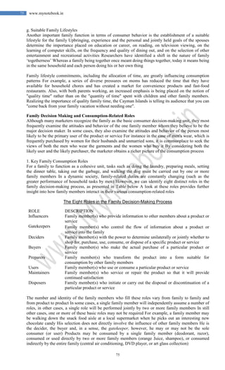 75
75 www.mynotebook.in
g. Suitable Family Lifestyles
Another important family function in terms of consumer behavior is the establishment of a suitable
lifestyle for the family Upbringing, experience and the personal and jointly held goals of the spouses
determine the importance placed on education or career, on reading, on television viewing, on the
learning of computer skills, on the frequency and quality of dining out, and on the selection of other
entertainment and recreational activities Researchers have identified a shift in the nature of family
‘togetherness’ Whereas a family being together once meant doing things together, today it means being
in the same household and each person doing his or her own thing
Family lifestyle commitments, including the allocation of time, are greatly influencing consumption
patterns For example, a series of diverse pressures on moms has reduced the time that they have
available for household chores and has created a market for convenience products and fast-food
restaurants. Also, with both parents working, an increased emphasis is being placed on the notion of
"quality time" rather than on the "quantity of time" spent with children and other family members.
Realizing the importance of quality family time, the Cayman Islands is telling its audience that you can
"come back from your family vacation without needing one".
Family Decision Making and Consumption-Related Roles
Although many marketers recognize the family as the basic consumer decision-making unit, they most
frequently examine the attitudes and behavior of the one family member whom they believe to be the
major decision maker. In some cases, they also examine the attitudes and behavior of the person most
likely to be the primary user of the product or service For instance in the case of men's wear, which is
frequently purchased by women for their husbands and unmarried sons, it is commonplace to seek the
views of both the men who wear the garments and the women who buy it By considering both the
likely user and the likely purchaser, the marketer obtains a richer picture of the consumption process
1. Key Family Consumption Roles
For a family to function as a cohesive unit, tasks such as doing the laundry, preparing meals, setting
the dinner table, taking out the garbage, and walking the dog must be carried out by one or more
family members In a dynamic society, family-related duties are constantly changing (such as the
greater performance of household tasks by men) However, we can identify eight distinct roles in the
family decision-making process, as presented in Table below A look at these roles provides further
insight into how family members interact in their various consumption-related roles
The Eight Roles in the Family Decision-Making Process
ROLE DESCRIPTION
Influencers Family member(s) who provide information to other members about a product or
service
Gatekeepers Family member(s) who control the flow of information about a product or
service into the family
Deciders Family member(s) with the power to determine unilaterally or jointly whether to
shop for, purchase, use, consume, or dispose of a specific product or service
Buyers Family member(s) who make the actual purchase of a particular product or
service
Preparers Family member(s) who transform the product into a form suitable for
consumption by other family members
Users Family member(s) who use or consume a particular product or service
Maintainers Family member(s) who service or repair the product so that it will provide
continued satisfaction
Disposers Family member(s) who initiate or carry out the disposal or discontinuation of a
particular product or service
The number and identity of the family members who fill these roles vary from family to family and
from product to product In some cases, a single family member will independently assume a number of
roles, in other cases, a single role will be performed jointly by two or more family members In still
other cases, one or more of these basic roles may not be required For example, a family member may
be walking down the snack food aisle at a local supermarket when he picks out an interesting new
chocolate candy His selection does not directly involve the influence of other family members He is
the decider, the buyer and, in a sense, the gatekeeper, however, he may or may not be the sole
consumer (or user) Products may be consumed by a single family member (deodorant, razor),
consumed or used directly by two or more family members (orange Juice, shampoo), or consumed
indirectly by the entire family (central air conditioning, DVD player, or art glass collection)
 
