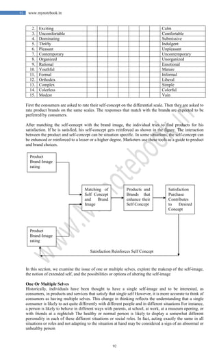 92
92 www.mynotebook.in
2. Exciting Calm
3. Uncomfortable Comfortable
4. Dominating Submissive
5. Thrifty Indulgent
6. Pleasant Unpleasant
7. Contemporary Uncontemporary
8. Organized Unorganized
9. Rational Emotional
10. Youthful Mature
11. Formal Informal
12. Orthodox Liberal
13. Complex Simple
14. Colorless Colorful
15. Modest Vain
First the consumers are asked to rate their self-concept on the differential scale. Then they are asked to
rate product brands on the same scales. The responses that match with the brands are expected to be
preferred by consumers.
After matching the self-concept with the brand image, the individual tries to find products for his
satisfaction. If he is satisfied, his self-concept gets reinforced as shown in the figure. The interaction
between the product and self-concept can be situation specific. In some situations, the self-concept can
be enhanced or reinforced to a lesser or a higher degree. Marketers use these tools as a guide to product
and brand choices.
Satisfaction Reinforces Self Concept
In this section, we examine the issue of one or multiple selves, explore the makeup of the self-image,
the notion of extended self, and the possibilities or options of altering the self-image
One Or Multiple Selves
Historically, individuals have been thought to have a single self-image and to be interested, as
consumers, in products and services that satisfy that single self However, it is more accurate to think of
consumers as having multiple selves. This change in thinking reflects the understanding that a single
consumer is likely to act quite differently with different people and in different situations For instance,
a person is likely to behave in different ways with parents, at school, at work, at a museum opening, or
with friends at a nightclub The healthy or normal person is likely to display a somewhat different
personality in each of these different situations or social roles. In fact, acting exactly the same in all
situations or roles and not adapting to the situation at hand may be considered a sign of an abnormal or
unhealthy person
Product
Brand-Image
rating
Product
Brand-Image
rating
Matching of
Self Concept
and Brand
Image
Products and
Brands that
enhance their
Self Concept
Satisfaction
Purchase
Contributes
to Desired
Concept
 