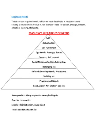 Secondary Needs
These are our acquired needs, which we havedeveloped in responseto the
society & environmentwe live in. for example- need for power, prestige, esteem,
affection, learning, status etc.
MASLOW’S HIERARCHY OF NEEDS
Self
Actualization
Self Fulfillment
Ego Needs, Prestige, Status,
Success, Self respect
Social Needs, Affection, Friendship,
Belonging etc
Safety & Security Needs, Protection,
Stability etc
Physiological Needs
Food, water, Air, Shelter, Sex etc
Same product- Many segments- example- Bicycle
One- for community
Second- Recreational/Leisure Need
Third- Needof a healthaid
 