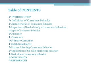  INTRODUCTION
 Definition of Consumer Behavior
Characteristics of consumer behavior
Importance/Need of study of consumer behaviour
Types Of Consumer Behavior
Customer
 Consumer
Ultimate Consumer
Institutional buyer
Factors Affecting Consumer Behavior
Application of CB with marketing prospect
Dark side of consumer behavior
CONCLUSION
REFERENCES
 