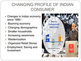 CHANGING PROFILE OF INDIAN
CONSUMER
 Changes in Indian economy
since 1990:-
 Booming economy
 Changing demographics
 S...