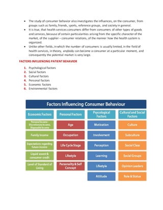  The study of consumer behavior also investigates the influences, on the consumer, from
groups such as family, friends, sports, reference groups, and society in general.
 It is true, that health services consumers differ from consumers of other types of goods
and services, because of certain particularities arising from the specific character of the
market, of the supplier – consumer relations, of the manner how the health system is
organized.
 Unlike other fields, in which the number of consumers is usually limited, in the field of
health services, in theory, anybody can become a consumer at a particular moment, and
consequently the potential market is very large.
FACTORS INFLUENCING PATIENT BEHAVIOR
1. Psychological factors
2. Social factors
3. Cultural factors
4. Personal factors
5. Economic factors
6. Environmental factors
 
