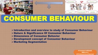 P.Venkata Subbaiah,
MBA,(Ph.D.)
AITS (Autonomous),Rajampet
CONSUMER BEHAVIOUR
Introduction and overview to study of Consumer Behaviour
Nature & Significance Of Consumer Behaviour
Dimensions of Consumer Behavior
Development concept of Consumer Behaviour
Marketing Segmentation
 