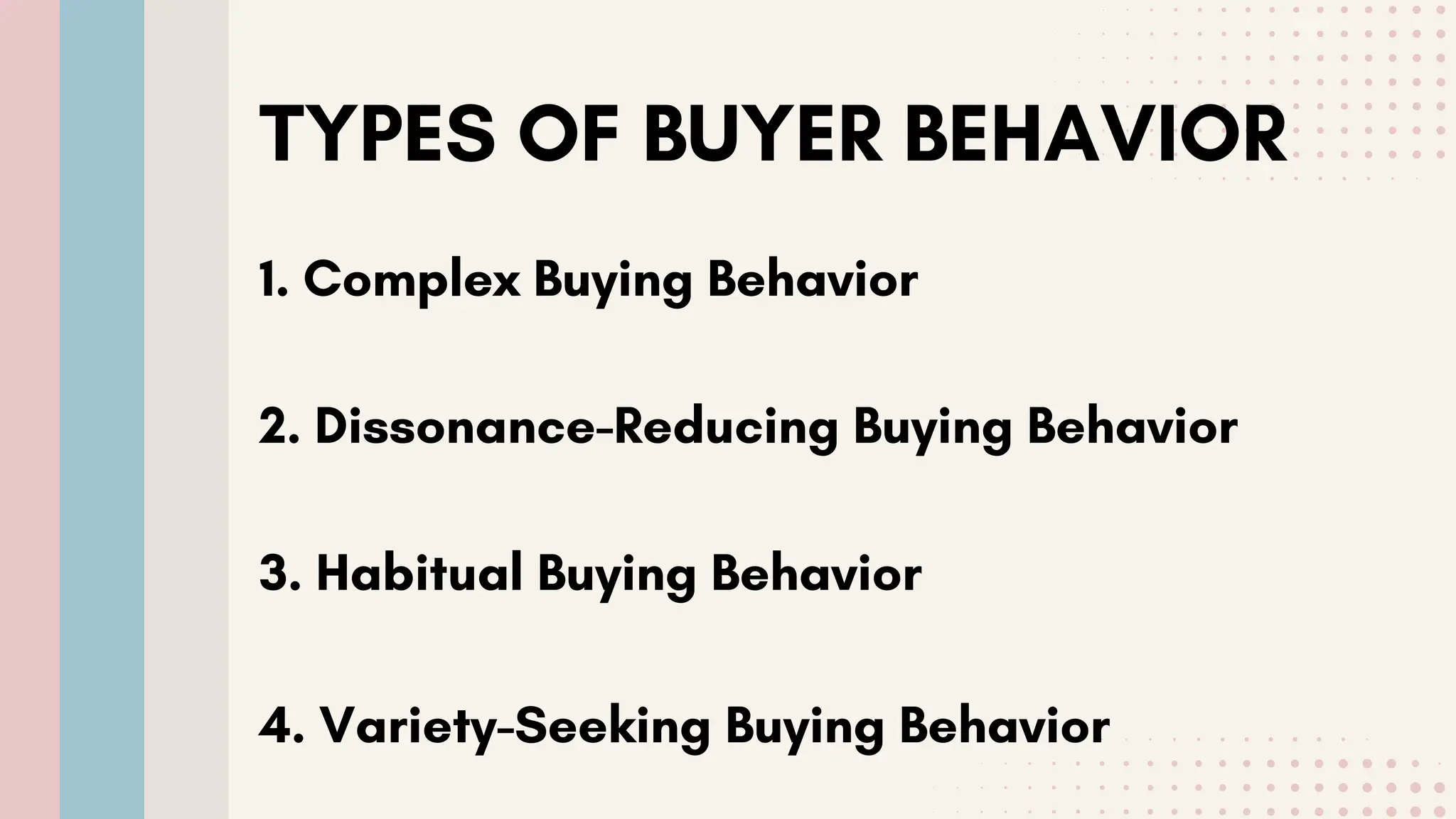 TYPES OF BUYER BEHAVIOR
1. Complex Buying Behavior
2. Dissonance-Reducing Buying Behavior
3. Habitual Buying Behavior
4. Variety-Seeking Buying Behavior
 