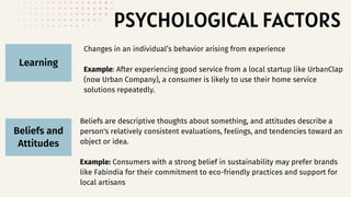 PSYCHOLOGICAL FACTORS
Learning
Beliefs and
Attitudes
Changes in an individual’s behavior arising from experience
Example: After experiencing good service from a local startup like UrbanClap
(now Urban Company), a consumer is likely to use their home service
solutions repeatedly.
Beliefs are descriptive thoughts about something, and attitudes describe a
person's relatively consistent evaluations, feelings, and tendencies toward an
object or idea.
Example: Consumers with a strong belief in sustainability may prefer brands
like Fabindia for their commitment to eco-friendly practices and support for
local artisans
 