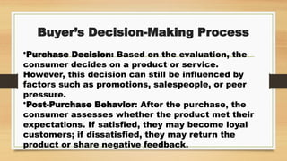 Buyer’s Decision-Making Process
•Purchase Decision: Based on the evaluation, the
consumer decides on a product or service.
However, this decision can still be influenced by
factors such as promotions, salespeople, or peer
pressure.
•Post-Purchase Behavior: After the purchase, the
consumer assesses whether the product met their
expectations. If satisfied, they may become loyal
customers; if dissatisfied, they may return the
product or share negative feedback.
 