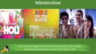 Reference Group
Asian paints leveraged friends as reference group on social media
during Holi where people can paint their friend’s wall.
 
