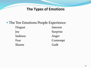 32
The Types of Emotions
 The Ten Emotions People Experience:
Disgust Interest
Joy Surprise
Sadness Anger
Fear Contempt
Shame Guilt
 