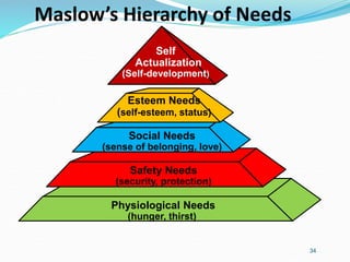 34
Maslow’s Hierarchy of Needs
Esteem Needs
(self-esteem, status)
Social Needs
(sense of belonging, love)
Safety Needs
(security, protection)
Physiological Needs
(hunger, thirst)
Self
Actualization
(Self-development)
 