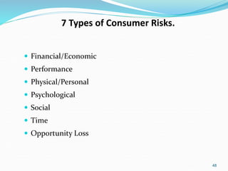 48
7 Types of Consumer Risks.
 Financial/Economic
 Performance
 Physical/Personal
 Psychological
 Social
 Time
 Opportunity Loss
 