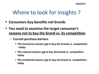 INSIGHTS


    Where to look for insights ?
• Consumers buy benefits not brands
• You need to examine the target consumer’s
  reasons not to buy the brand vs. its competition
   – Current purchase barriers
      • The functional reasons not to buy the brands vs. competition
        - today
      • The rational reasons not to buy the brand vs. competition
        today
      • The emotional reasons not to buy the brand vs. competition -
        today
 