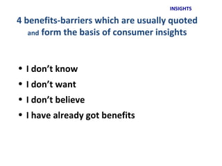 INSIGHTS

4 benefits-barriers which are usually quoted
   and form the basis of consumer insights



• I don’t know
• I don’t want
• I don’t believe
• I have already got benefits
 