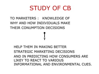 STUDY OF CB
TO MARKETERS : KNOWLEDGE OF
WHY AND HOW INDIVIDUALS MAKE
THEIR CONUMPTION DECISIONS




 HELP THEM IN MAKING BETTER
 STRATEGIC MARKETING DECISIONS
 AND IN PREDICTING HOW CONSUMERS ARE
 LIKEY TO REACT TO VARIOUS
 INFORMATIONAL AND ENVIRONMENTAL CUES.
 