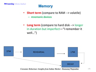 PHI Learning

Memory
• Short term (compare to RAM ‐‐> volatile)
– mnemonic devices

• Long term (compare to hard disk ‐‐> ...