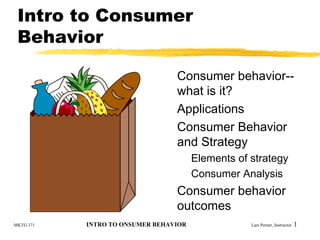 Intro to Consumer
 Behavior

                                 Consumer behavior--
                                 what is it?
                                 Applications
                                 Consumer Behavior
                                 and Strategy
                                       Elements of strategy
                                       Consumer Analysis
                                 Consumer behavior
                                 outcomes
MKTG 371   INTRO TO ONSUMER BEHAVIOR               Lars Perner, Instructor   1
 