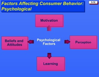 5-10
Factors Affecting Consumer Behavior:
Psychological
Psychological
Factors
Motivation
Perception
Learning
Beliefs and
Attitudes
 