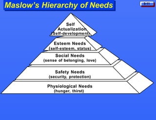 5-11
Maslow’s Hierarchy of Needs
Self
Actualization
(Self-development)
Esteem Needs
(self-esteem, status)
Social Needs
(sense of belonging, love)
Safety Needs
(security, protection)
Physiological Needs
(hunger, thirst)
 