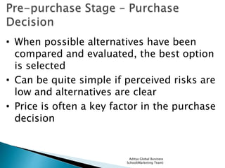 Aditya Global Business
School(Marketing Team)
• When possible alternatives have been
compared and evaluated, the best option
is selected
• Can be quite simple if perceived risks are
low and alternatives are clear
• Price is often a key factor in the purchase
decision
 