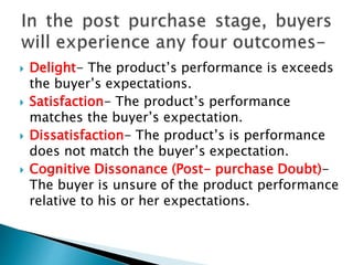  Delight- The product’s performance is exceeds
the buyer’s expectations.
 Satisfaction- The product’s performance
matches the buyer’s expectation.
 Dissatisfaction- The product’s is performance
does not match the buyer’s expectation.
 Cognitive Dissonance (Post- purchase Doubt)-
The buyer is unsure of the product performance
relative to his or her expectations.
 