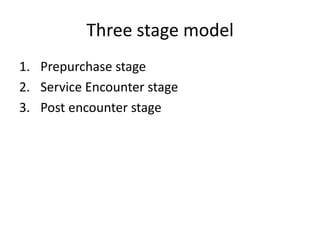 Three stage model
1. Prepurchase stage
2. Service Encounter stage
3. Post encounter stage
 