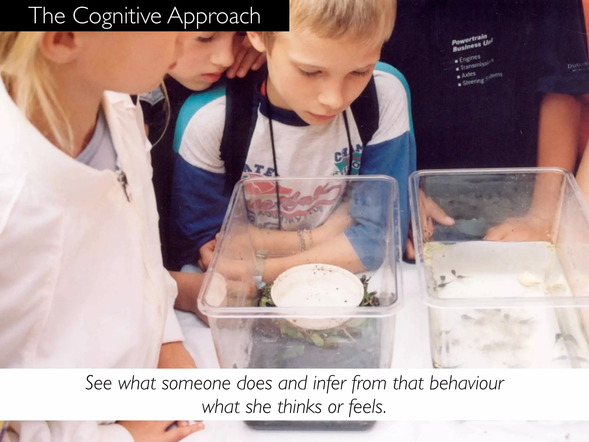 The Cognitive Approach




     See what someone does and infer from that behaviour
                  what she thinks or feels.
 