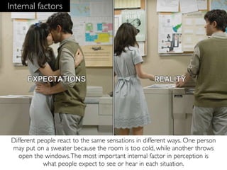 Internal factors




 Different people react to the same sensations in different ways. One person
 may put on a sweater because the room is too cold, while another throws
    open the windows. The most important internal factor in perception is
             what people expect to see or hear in each situation.
 