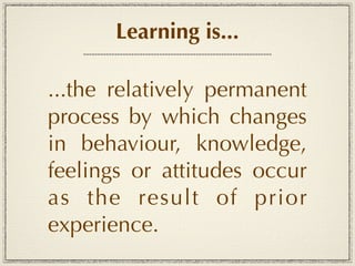 Learning is...

...the relatively permanent
process by which changes
in behaviour, knowledge,
feelings or attitudes occur
as the result of prior
experience.
 