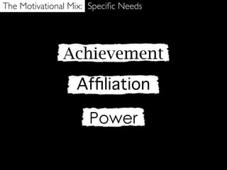 The Motivational Mix: Speciﬁc Needs




               Achievement
                  Afﬁliation

                     Power
 
