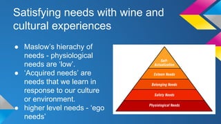 Satisfying needs with wine and 
cultural experiences 
● Maslow’s hierachy of 
needs - physiological 
needs are ‘low’. 
● ‘Acquired needs’ are 
needs that we learn in 
response to our culture 
or environment. 
● higher level needs - ‘ego 
needs’ 
 