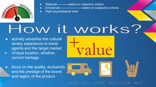 ● Rational------------select on objective criteria 
● Emotional-----------------------select on subjective criteria 
● High psychological need 
● actively advertise the cultural 
winery experience to travel 
agents and the target market 
➢ Unique location, whether, 
convict heritage 
● focus on the quality, exclusivity 
and the prestige of the brand 
and region of the product 
 