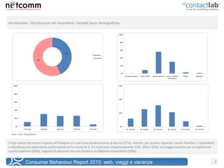 Introduzione - Distribuzione dei rispondenti: Variabili Socio Demografiche

                                                                                              100%



                                                                                              80%



                                                                                              60%
                                                            43%
                                                                                    Maschio
                                                                                    Femmina   40%
                              57%


                                                                                              20%



                                                                                               0%
                                                                                                     Scuola elementare   Scuola media   Scuola superiore Laurea - Diploma     Master       Dottorato
                                                                                                                                                           universitario



   100%                                                                                       60%



    80%


                                                                                              40%
    60%



    40%
                                                                                              20%

    20%



     0%                                                                                       0%
              1 Persona             2 Persone   3 persone         4 Persone   5 Persone               20 - 29 Anni       30 - 39 Anni    40 - 49 Anni      50 - 59 Anni     60 - 69 Anni   70 - 79 Anni

  Base: Tutti i Rispondenti


Fra gli utenti che hanno risposto all’indagine vi è una lieve predominanza di donne (57%), mentre, per quanto riguarda i nuclei familiari, i rispondenti
si distribuiscono abbastanza uniformemente fra nuclei di 2, 3 e 4 persone (rispettivamente 31%, 26% e 26%). La maggioranza ha poi un diploma di
scuola superiore (56%), seguono le persone con una laurea o un diploma universitario (30%).


               Consumer Behaviour Report 2010: web, viaggi e vacanze                                                                                                                                      5
 