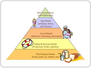 Self-Actualization
       (self fulfillment)

          Ego Needs
       (prestige, status,
         self-esteem)


          Social Needs
(affection, friendship, belonging)


   Safety & Security Needs
 (Protection, Order, stability)


    Physiological Needs
(Food, water, air, shelter, sex)
 